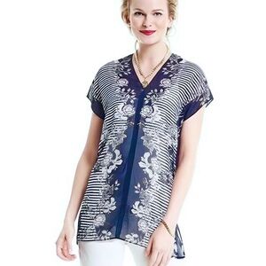 CAbi Yacht Sheer Blouse Medium Navy Blue White Stripe Floral Pullover Cap Sleeve